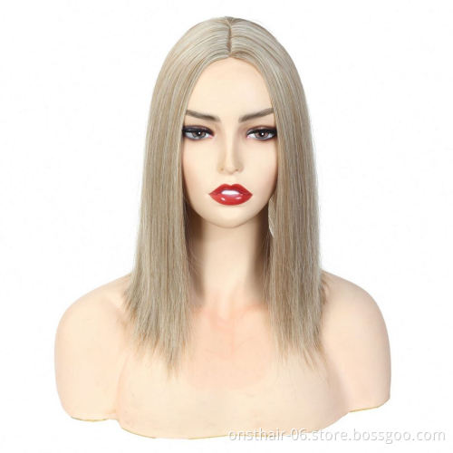16inch Straight Topper Hair Synthetic Blonde Hair with Bangs for Women Clip-in One-piece Hair Extension High Temperature Fiber